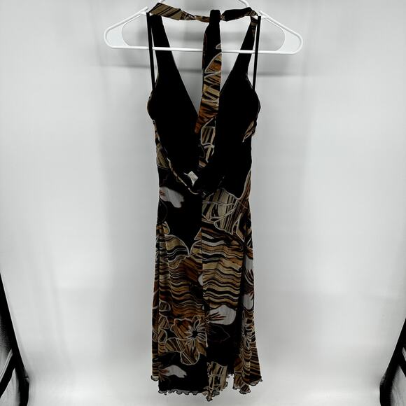 Vintage Cache Floral Halter Sheath Midi Dress V Neck Twist Y2K Tan Black S - Picture 4 of 4